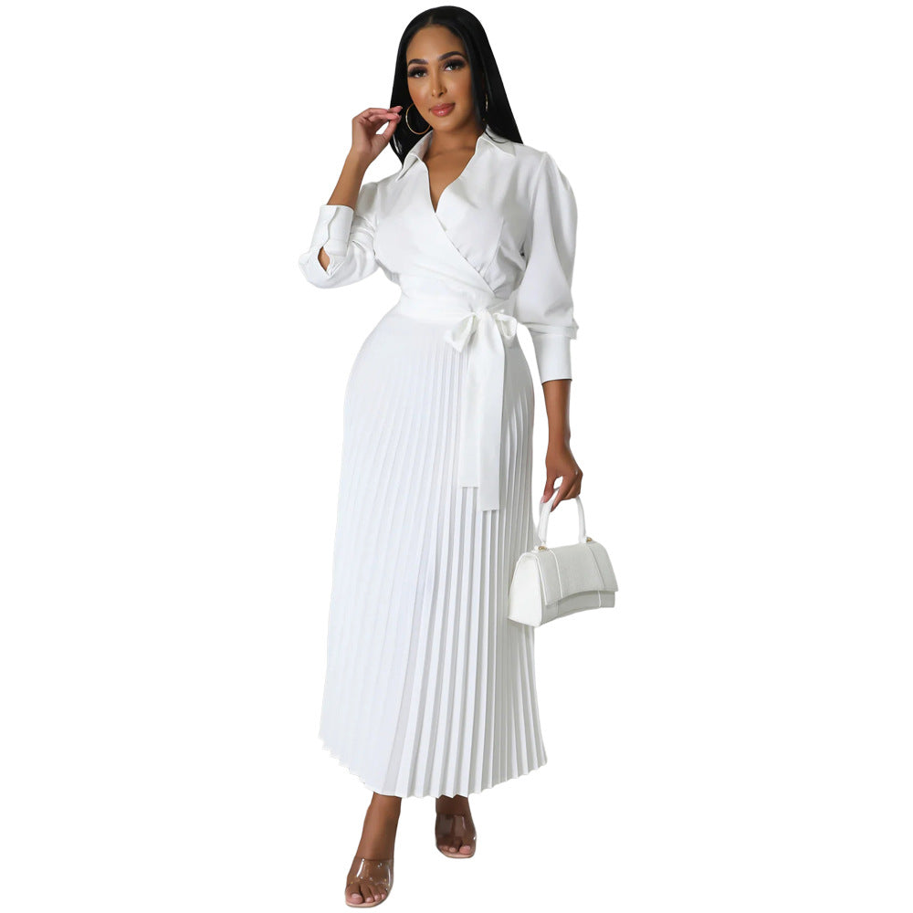 Spring Summer Long Sleeves Polo Collar High Waist Casual Pleated Women Clothing Dress