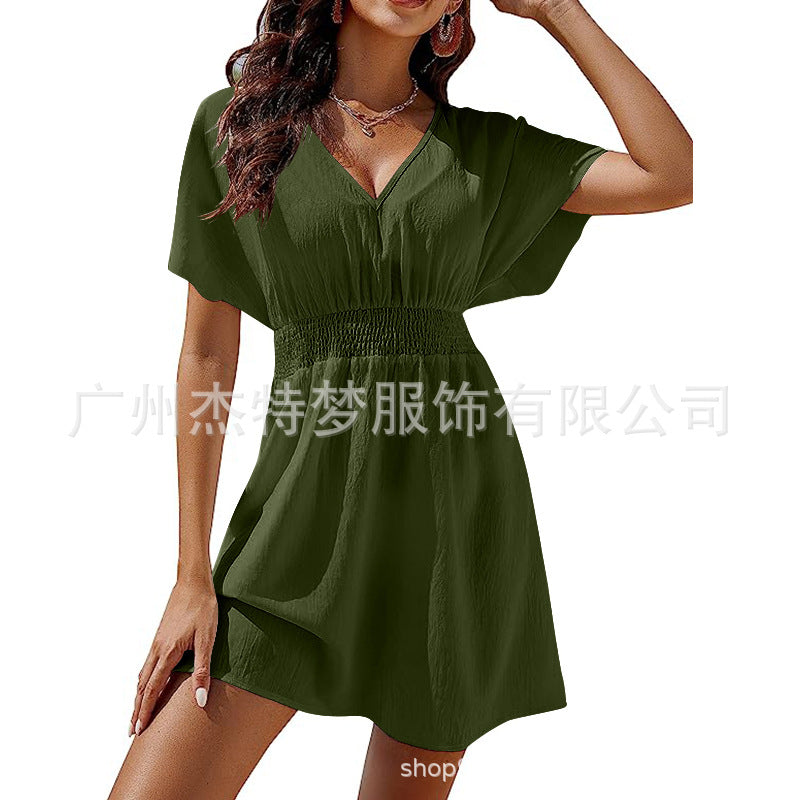 Women's clothing, summer beach sunscreen skirt casual V-neck pleated dress women
