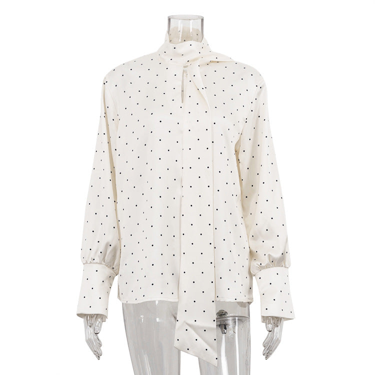 Digital Printing Satin Polka Dot Elegant Top High Grade Long Sleeve Lace up Women Shirt