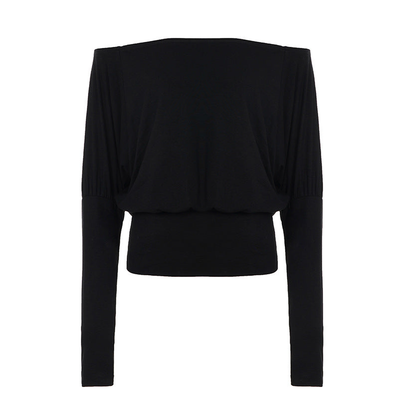 Simple Solid Color Batwing Sleeve off Shoulder Long Sleeve Top Women Waist Slimming Casual T shirt