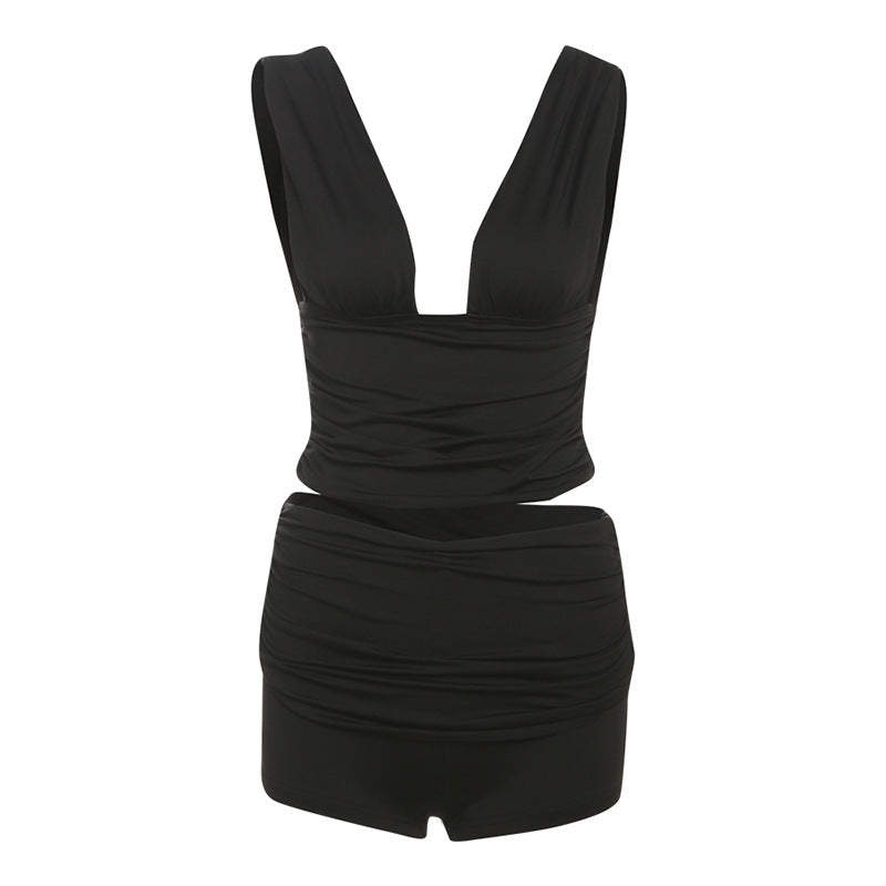 Women Clothing Summer Sexy Deep V Plunge neck Solid Color Vest High Waist Slim Fit Pleated Shorts Two Piece Set