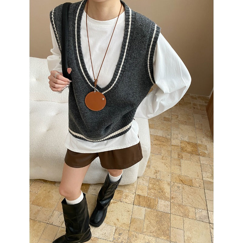 Artistic Retro Color Contrasting Stripe Large V neck Loose Knit Waistcoat Vest
