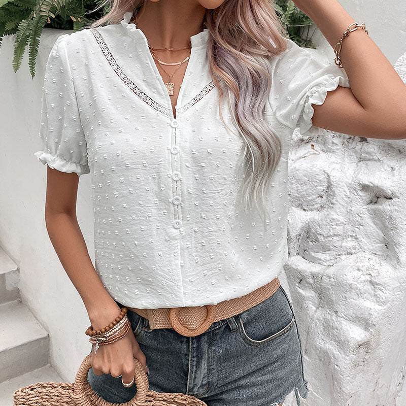 Summer Women Clothing V neck Short Sleeve White Shirt Women