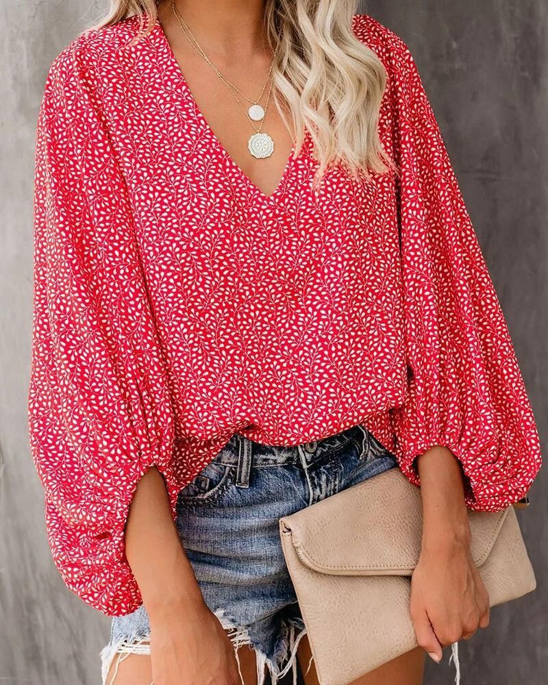 Spring Summer Women V-neck Lantern Sleeve Printed Long-Sleeved Top