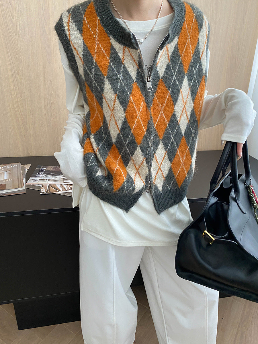 Mid Ancient Design College Hit Color Diamond Lattice round Neck Double Zipper Knitted Vest