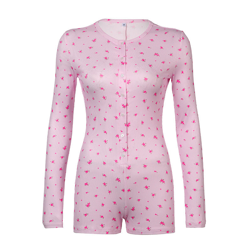 Casual Women Floral V neck Double Breasted Romper Long Sleeve Sexy Slim Homewear Hip Shorts