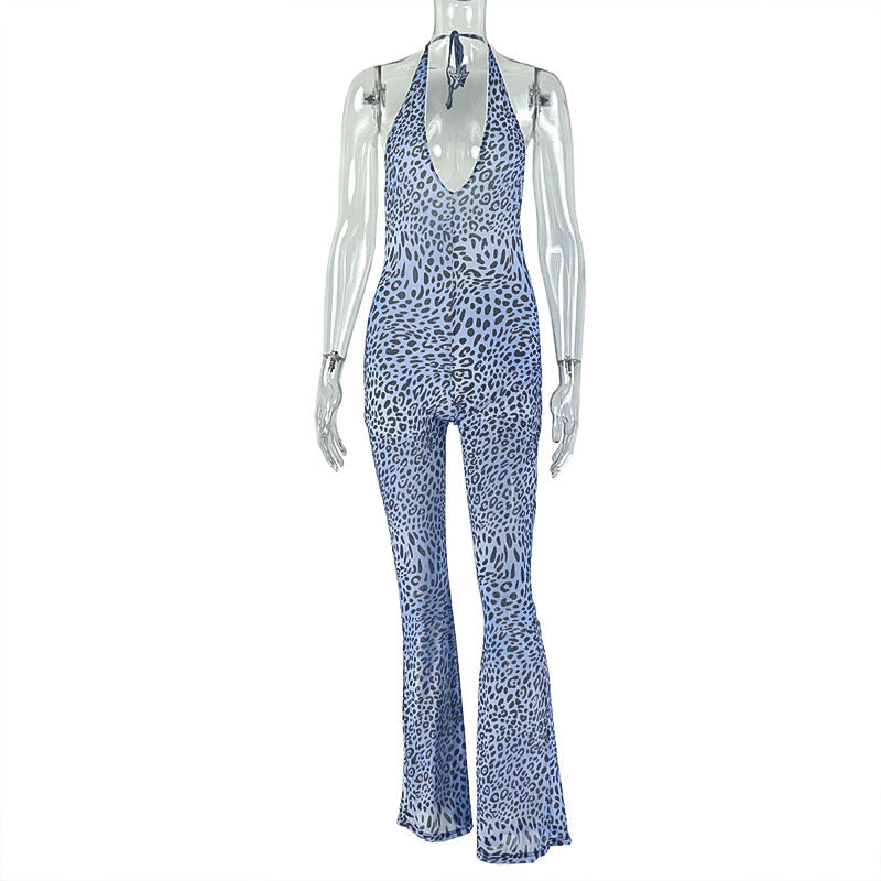 Leopard Print Women Wear Print Micro Transparent Niche Jumpsuit Halter U Collar Sheath Jumpsuit