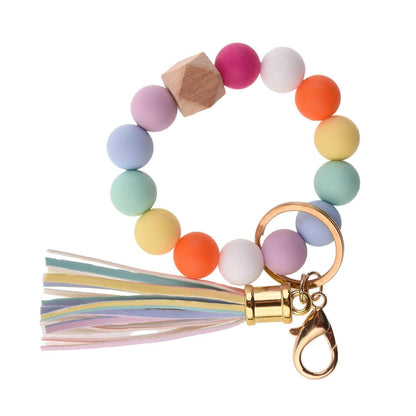 PU Tassel Keychain Bag charm Silicone Beaded Keychain Wristlet Key Ring Bracelet Cute Car Key Chain Holder for Women Girls