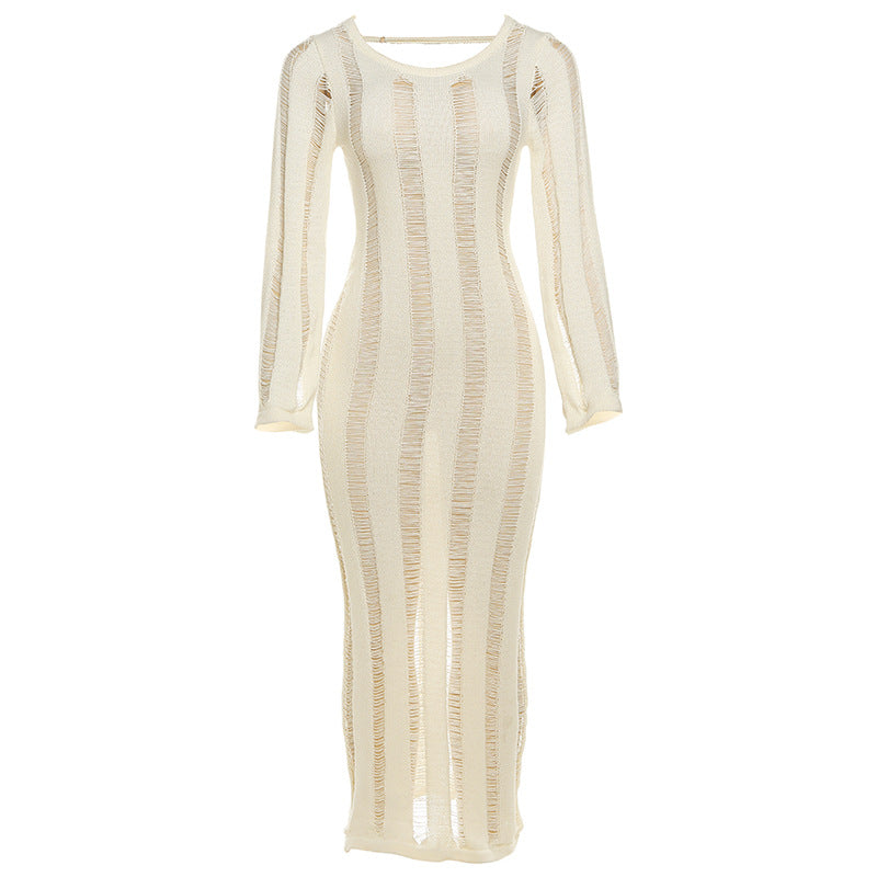 Women Clothing Autumn Sexy Sexy Cutout Bare Back Slim Fit Knitted Long Sleeved Dress Women