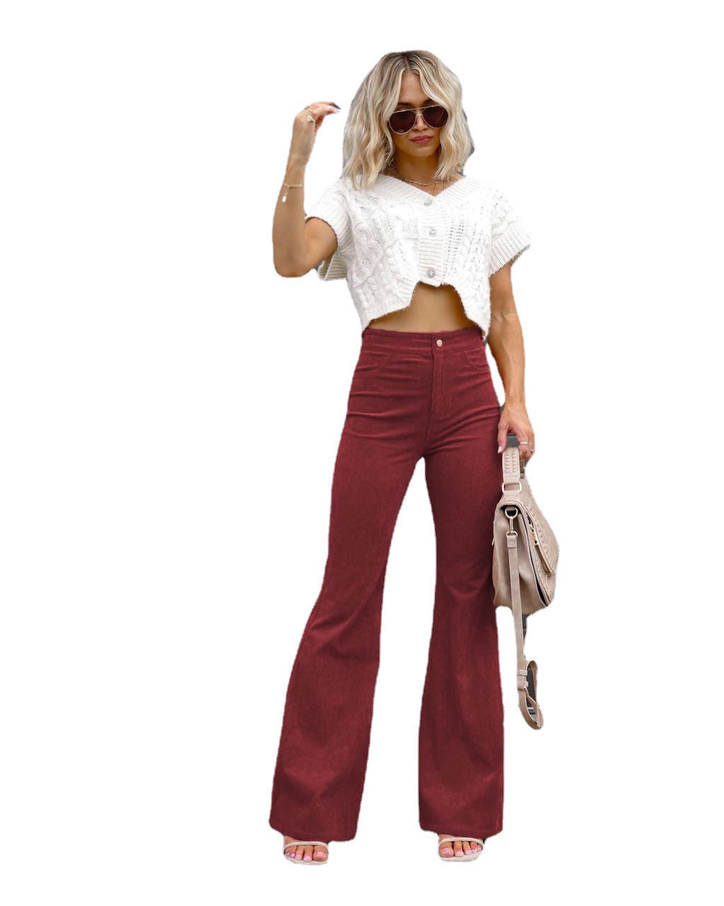 Autumn Solid Color Corduroy Elegant Women Trousers Bootcut Trousers High Waist Casual Pants