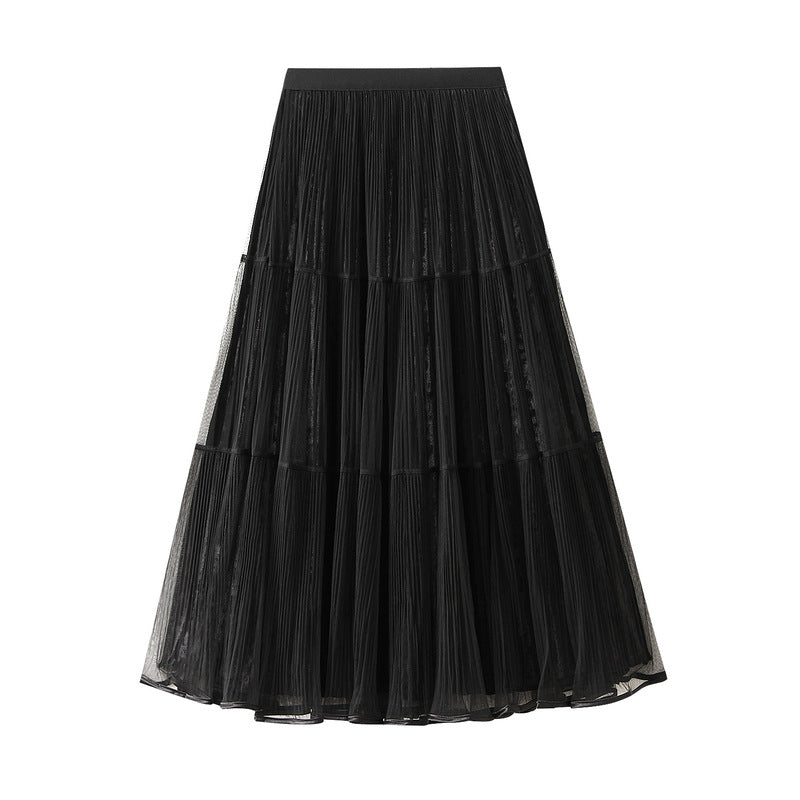 Stitching Pleated Mesh Velvet Skirt Women Autumn Winter High Waist Slimming A line Skirt Mid Length