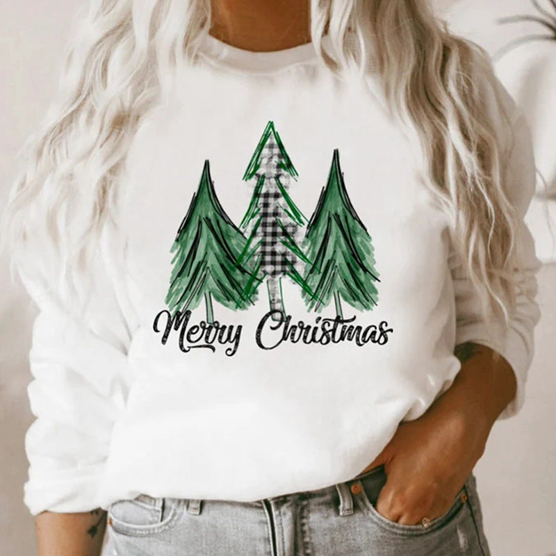 Fall Women Clothing White Long Sleeve Loose Christmas Graphic Print Crew Neck Sweatshirt