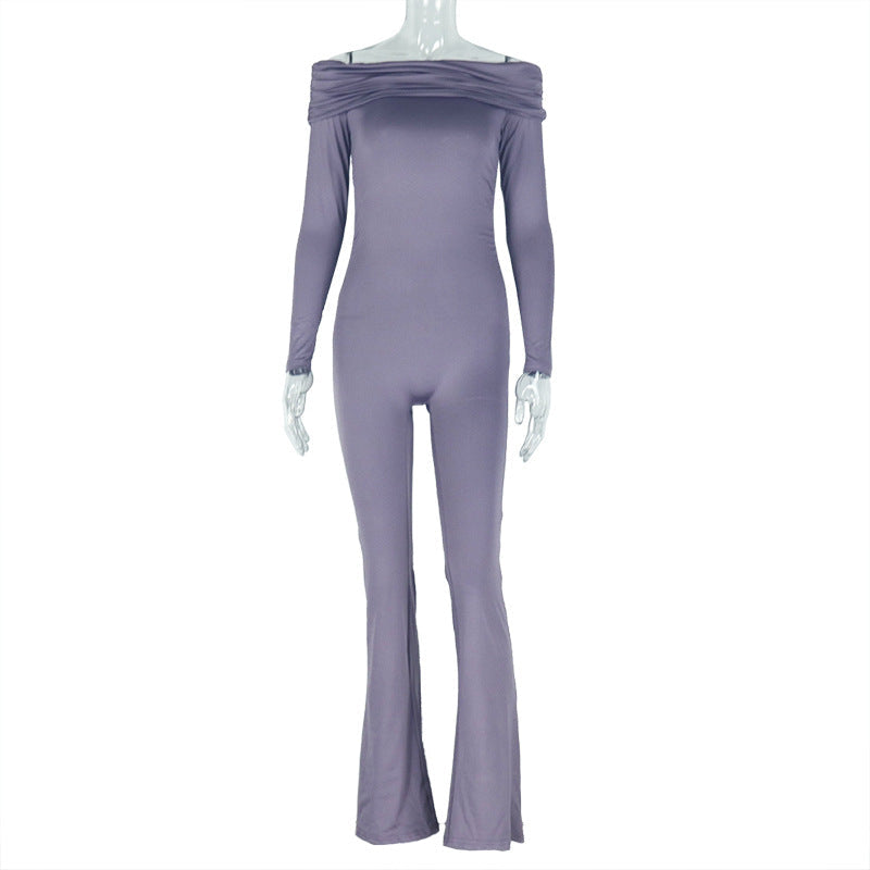Solid Color Women Clothing Comfort Casual Solid Color Pleated Long Conjoined Trousers Raglan Long Sleeve Tube Top Jumpsuit