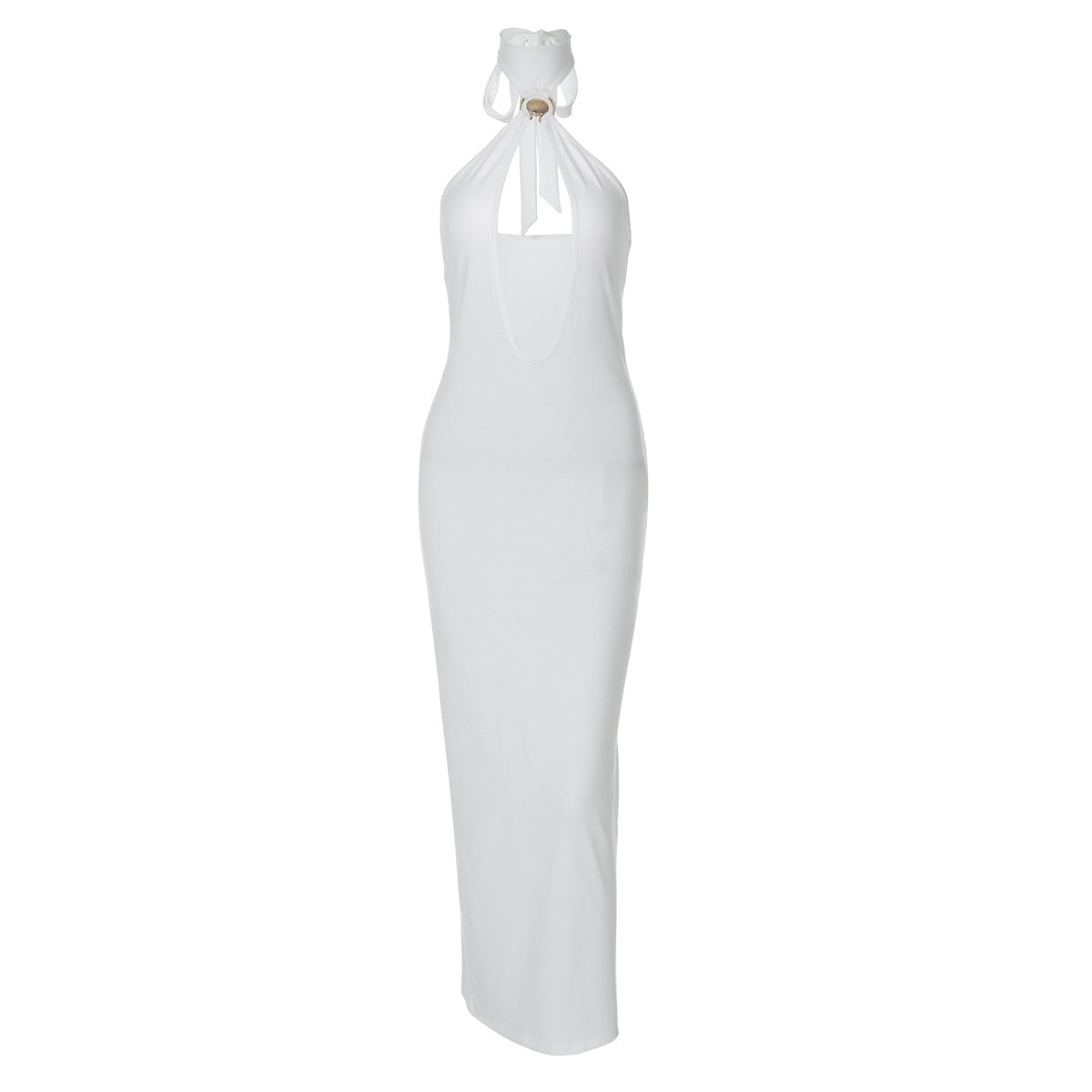 Women Clothing Winter Solid Color Tied Halter Sexy Cutout Slim Fit Dress