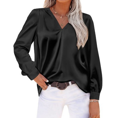 Women Satin Pleated Long Sleeved Top V neck Casual Loose Satin Office Shirt