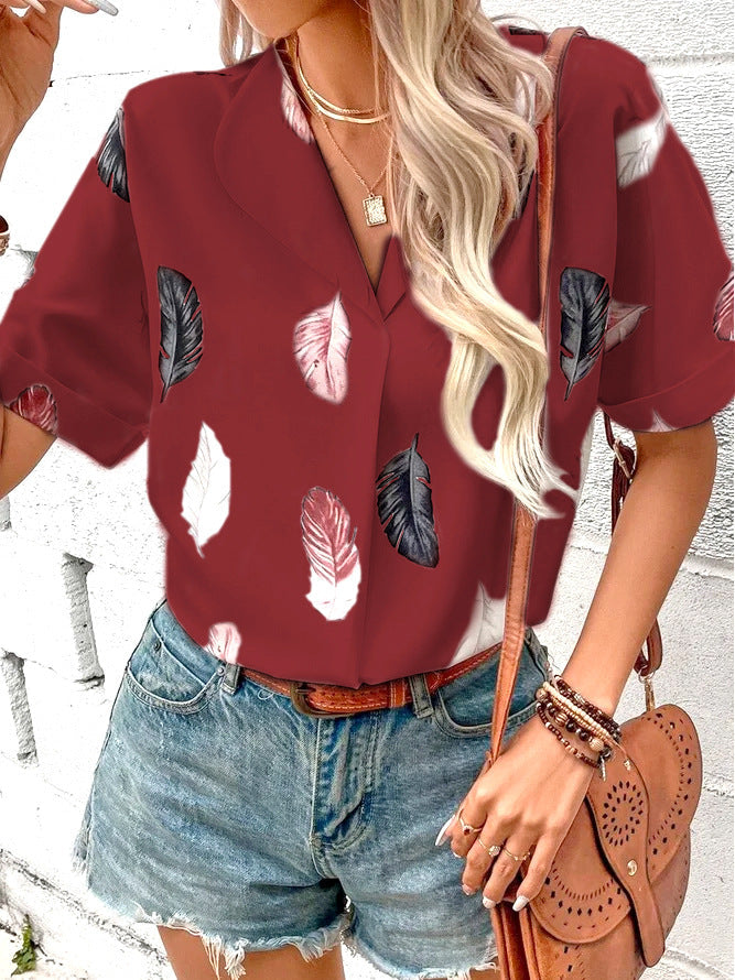 Summer Women Clothing Collared Feather Printed Short Sleeved Top Shirt