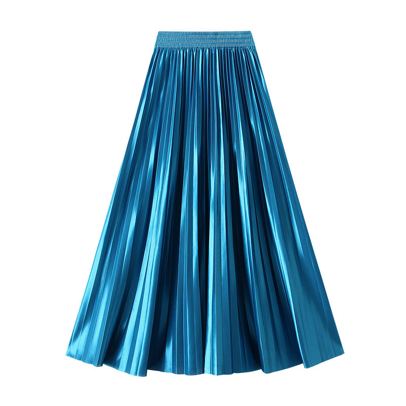 Slimming Spring Glossy Glossy High Waist Pleated A line Slimming Long Skirt Women Skirt