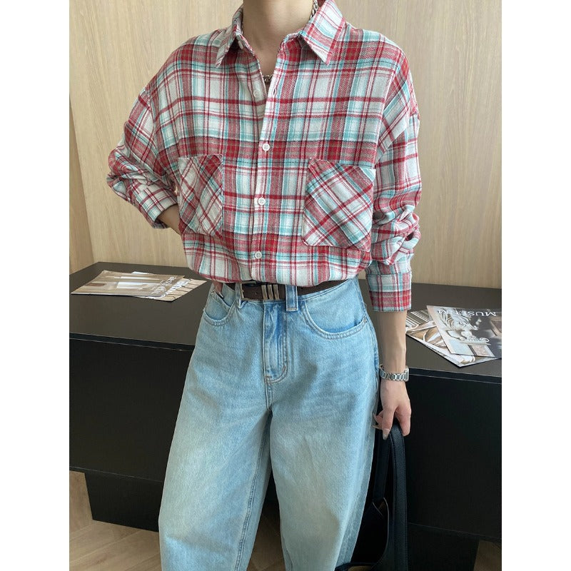 Early Autumn Retro Double Pocket Contrast Color Check Loose Casual Shirt Cotton