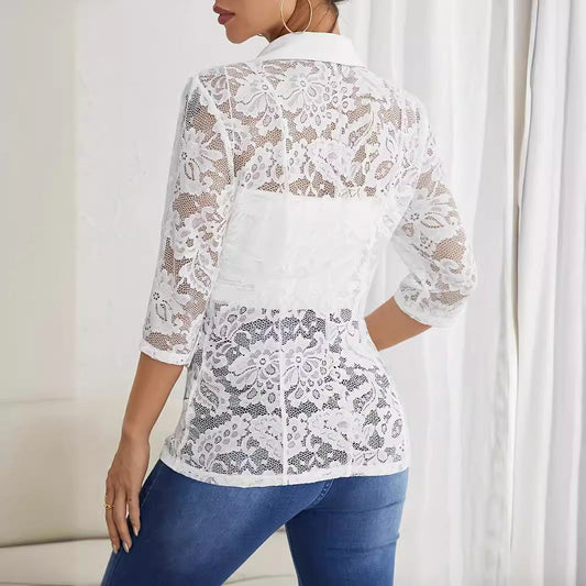 Autumn Winter Elegant Solid Color Lace Stitching Small Blazer Women Top