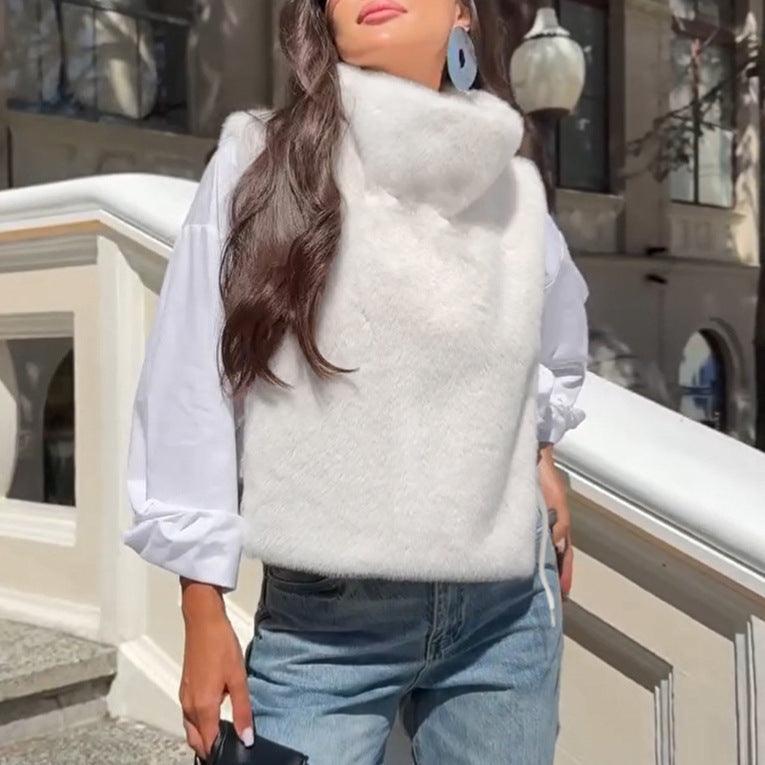 Women Clothing Autumn Winter Solid Color Half Collar Furry Waistcoat Sleeveless Top Vest