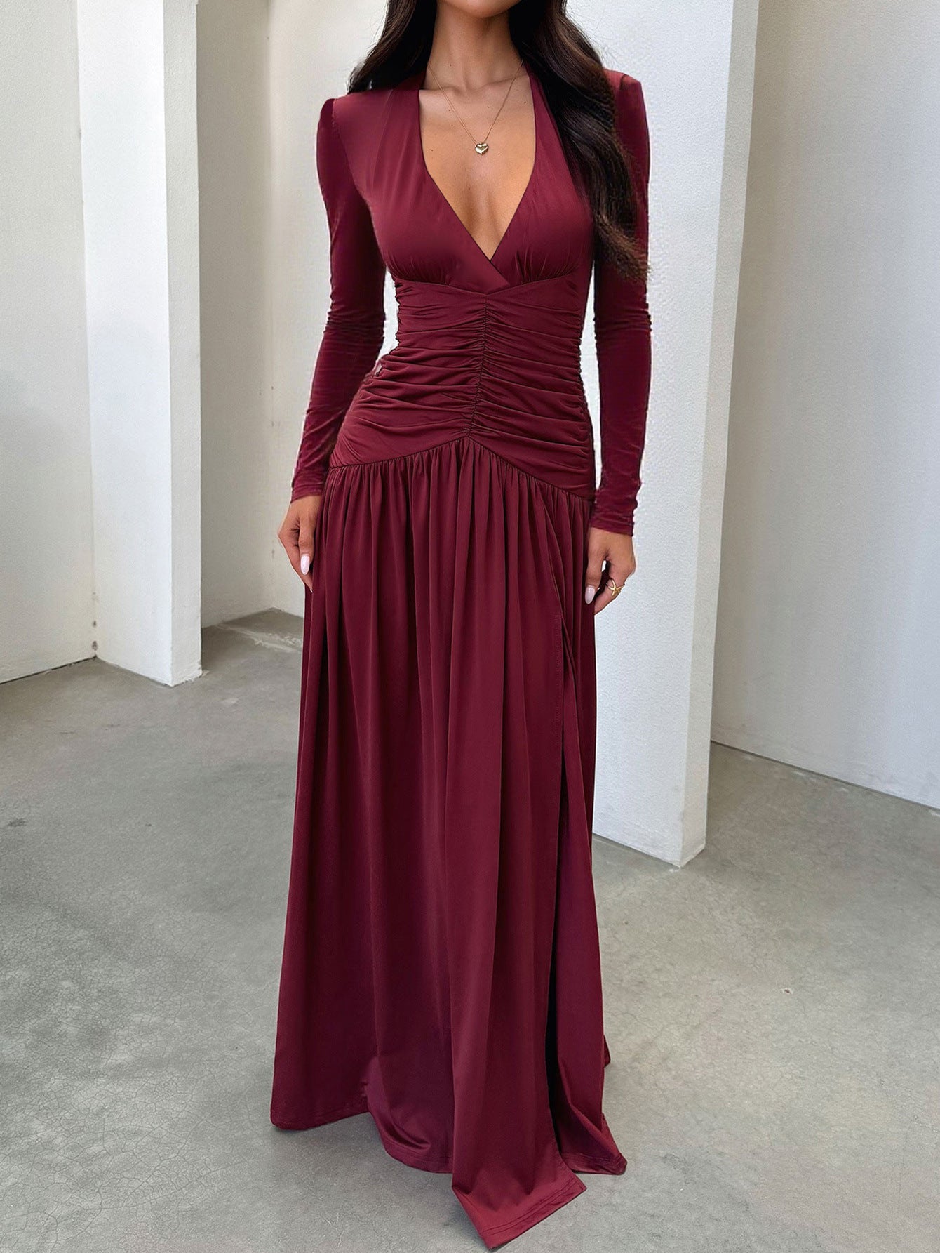 Women Clothing Autumn Winter Elegant Deep V Plunge Long Sleeve Dress