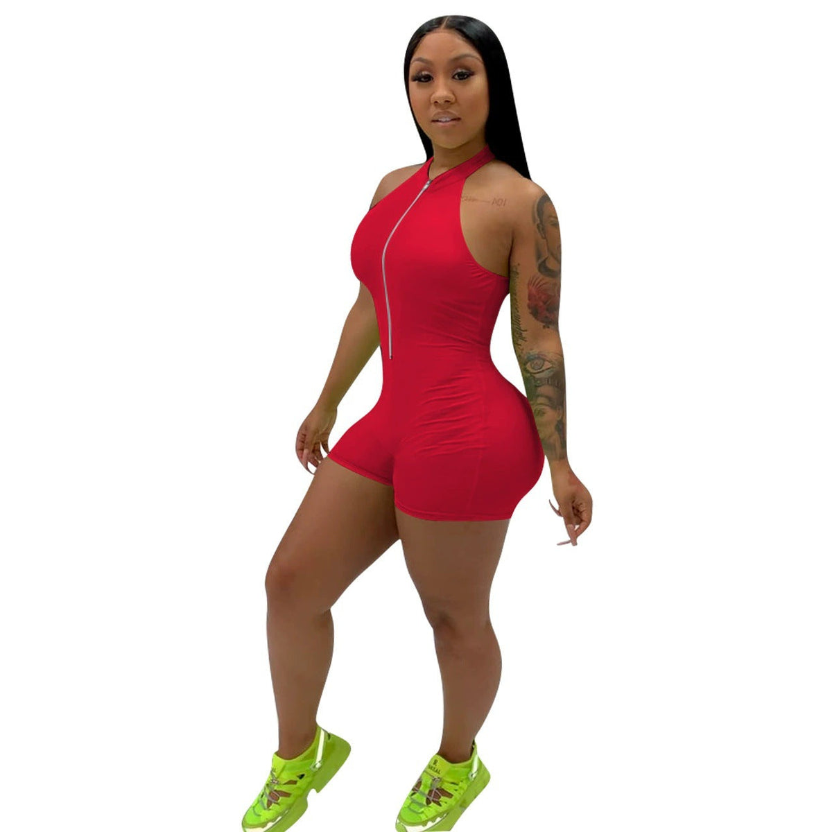 Women Clothing Solid Color Halter Zipper Jumpsuit Women Clothing