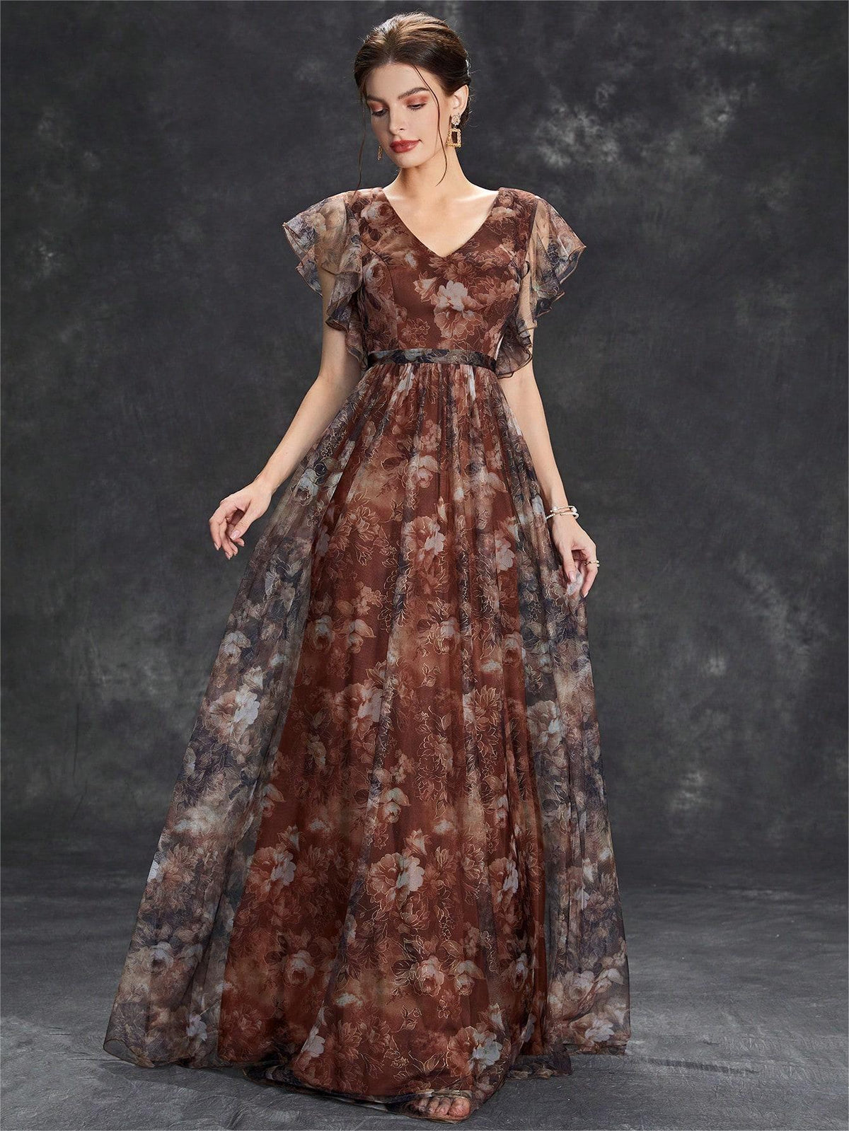 Evening Dress V neck Printed Mesh Ruffled Large Swing Party Dress Bridesmaid Dress Dance Dress Spring A Line
