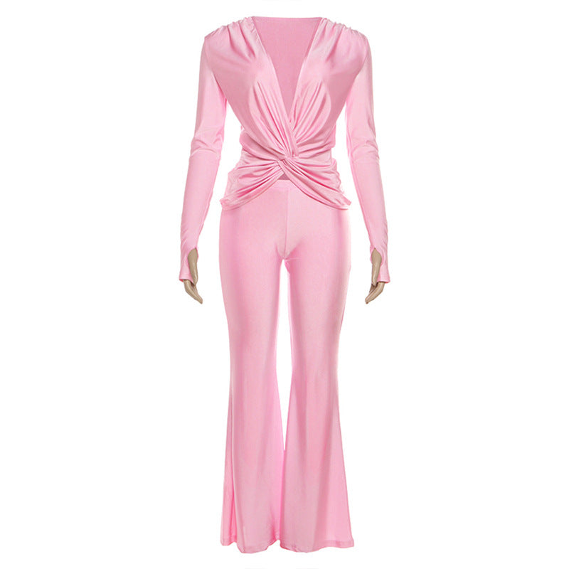 Fall Women Clothing Solid Color Sexy Deep V Plunge neck Knot Long Sleeve T shirt High Waist Slim Trousers Set