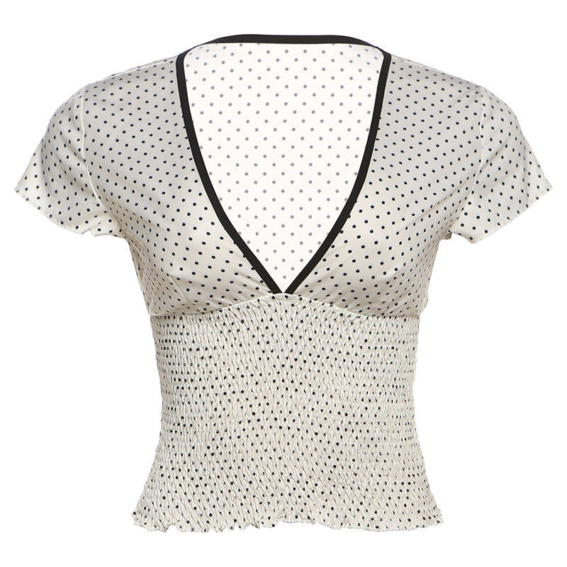 Women Clothing Summer Personalized Polka Dot Contrast Color Slim Fit Sexy V neck Stringy Selvedge Short Sleeve T shirt