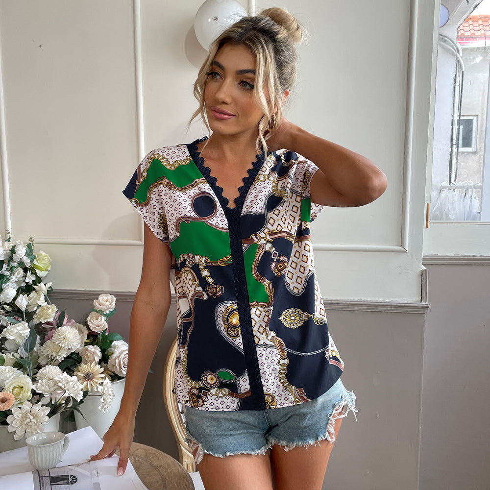 Women Clothing Popular Short Sleeve Striped V neck Shirt Blouse
