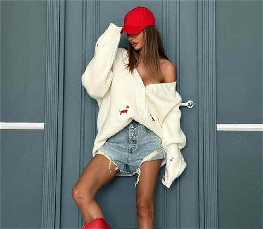 Autumn Winter Sweater Coat Women Long Sleeved Single Breasted Puppy Embroidery Loose Casual Knitted Cardigan