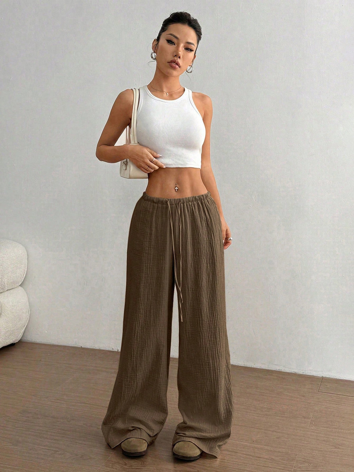 Pure Cotton Casual Solid Color Loose Wide Leg Draggle Tail Trousers