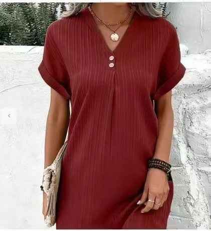 Solid Color Pullover Comfortable Casual Button Dress V-Neck Batwing Sleeve Dress