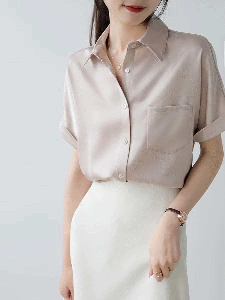 Summer Casual Satin Satin Short Sleeved Shirt Korean Professional White Collar Office Interview Shirt