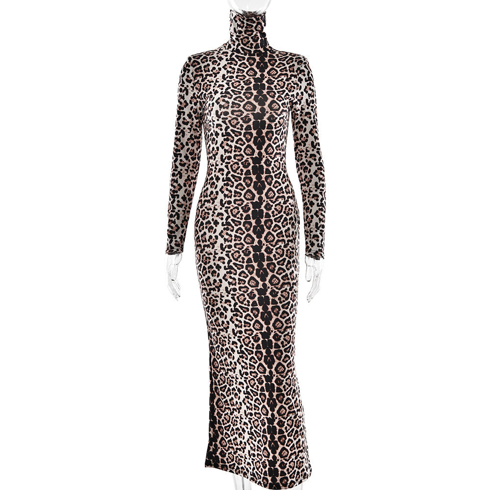 Autumn Winter Sexy Lady Leopard Print Dress Half Turtleneck Long Slim Long Sleeve Dress