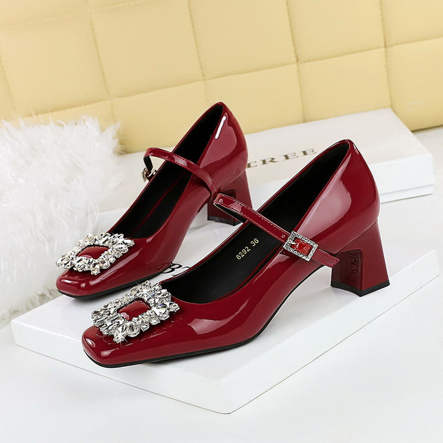 Mary Jane Shoes Women Chunky Heel LowCut Square Head Shiny Patent Leather Rhinestone Ankle Strap Shoes Women