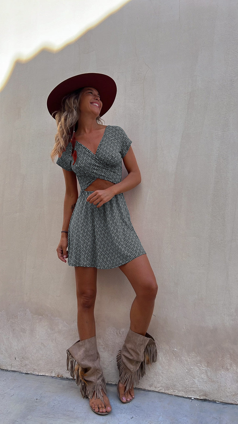 Summer Short Sleeve Two Sided Wear Printed Short Dress