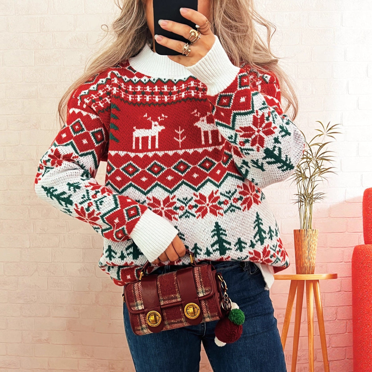 Christmas Contrast Color Jacquard Casual Sweater Women round Neck Chic Retro Pullover