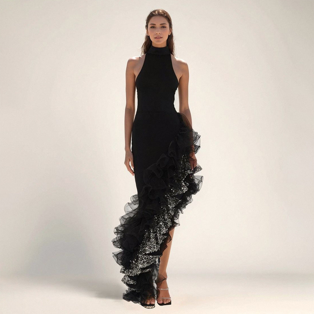 Ruffled Black Mesh Asymmetric Dress Long Party Sexy Cocktail Bandage Dress for Women