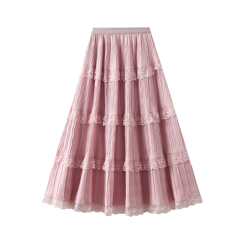 Lace Mesh Patchwork Skirt Women Spring Super Fairy A line Slimming Mid Length Tiered Ruffle Dress