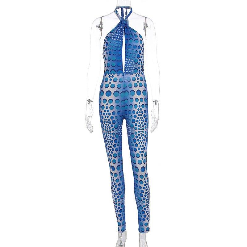 Women Clothing Summer Sexy Girls Skinny Print Halter Backless Yoga Jumpsuit