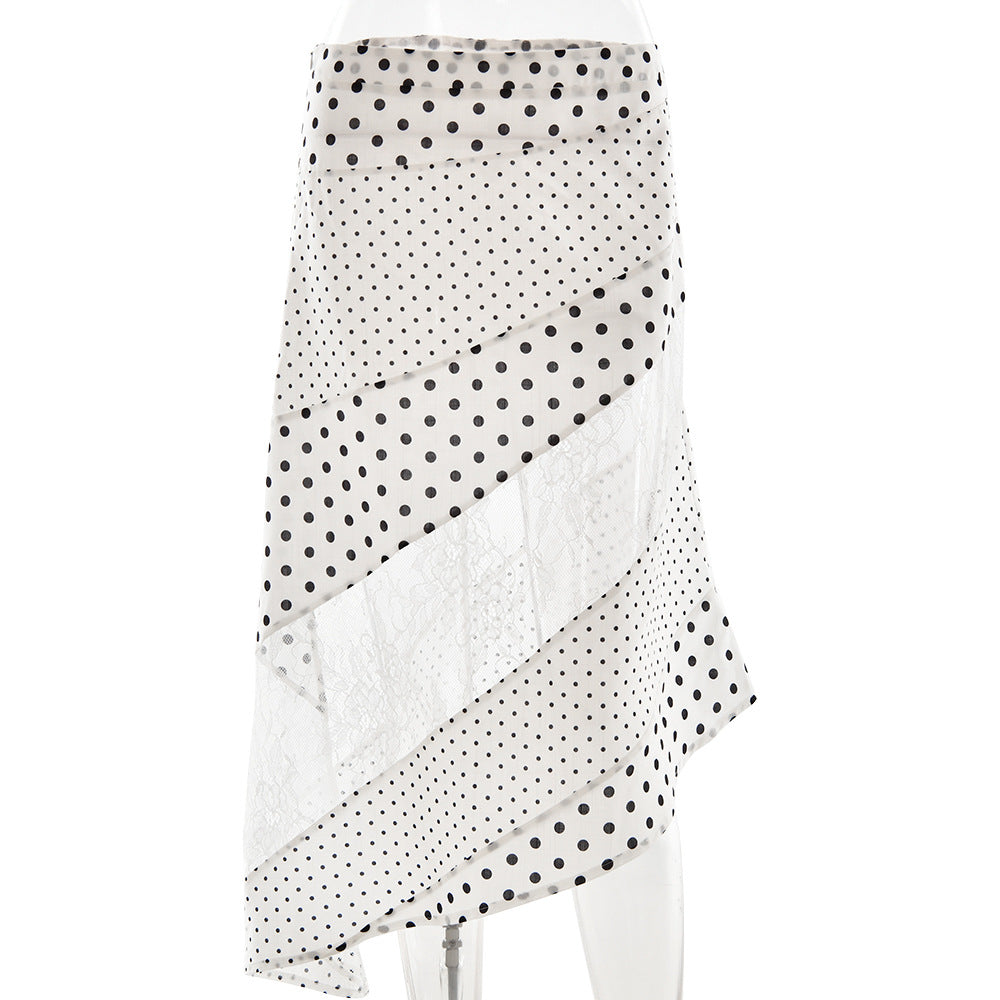 Summer Arrival Polka Dot Skirt Sexy Lace Irregular Asymmetric All Match Maxi for Women