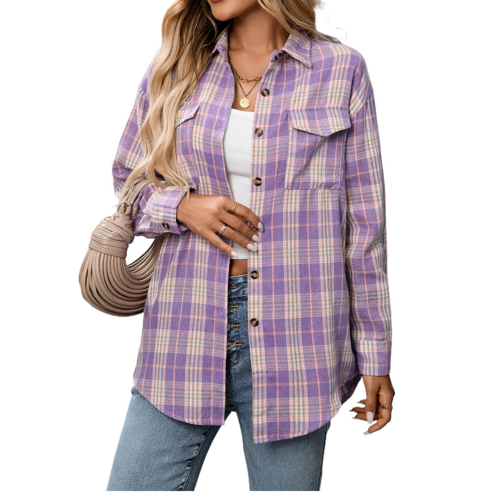 Autumn Winter Women Clothing Casual Loose Plaid Pocket Shirt for Women