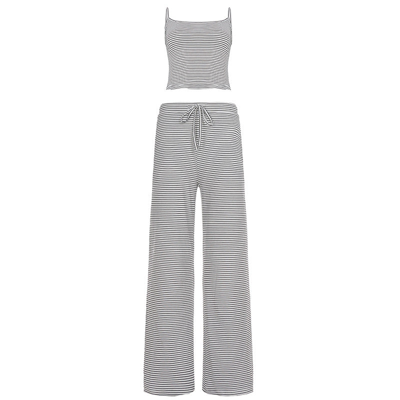 Casual Striped Spaghetti Straps Top Elastic Waistband Lace up Trousers Home Wear Pajamas Two Piece Set