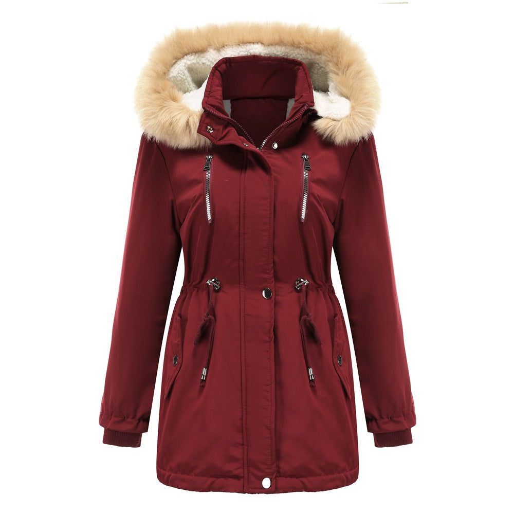 Autumn Winter Women Clothing Thick Lambskin Cotton-Padded Coat Women Loose Women Cotton Clothes Removable Hat Fleece Padded Coat