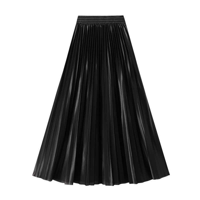 Slimming Spring Glossy Glossy High Waist Pleated A line Slimming Long Skirt Women Skirt