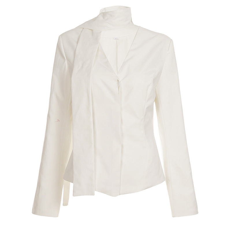 Elegant Woman Tight Waist Blazers Scarf Casual V neck Solid Color Coat Top