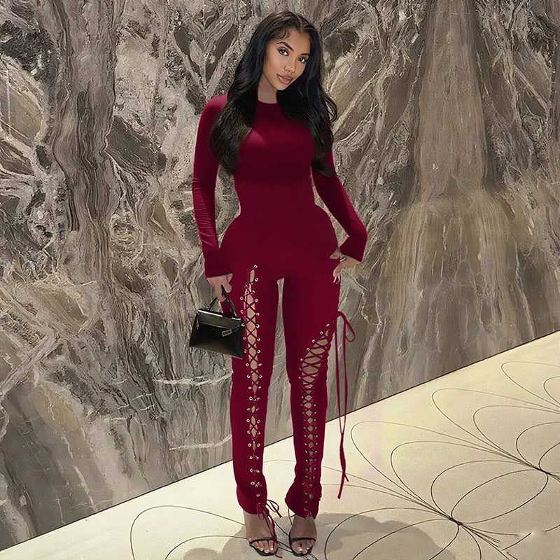 Fall Sexy Solid Color Waist Tight Hollow Out Cutout out Strap Tight Jumpsuit