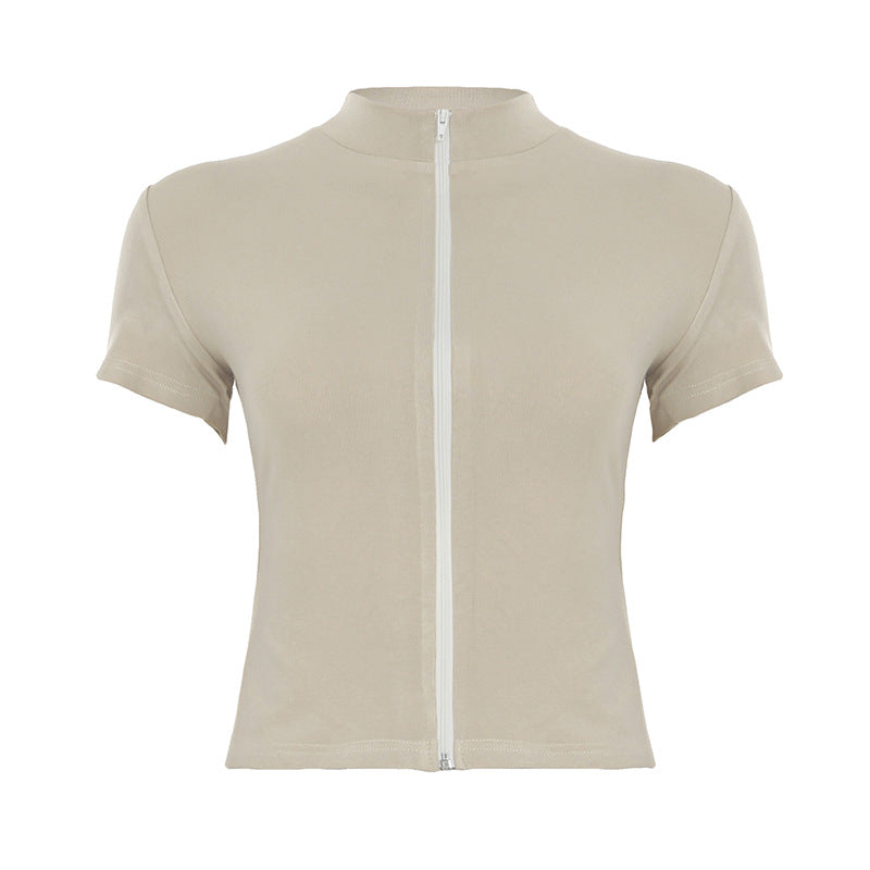 Stand Collar Zipper Short Sleeve T shirt Sexy Basic Solid Color Slim Fit Sexy Stadiumjumper