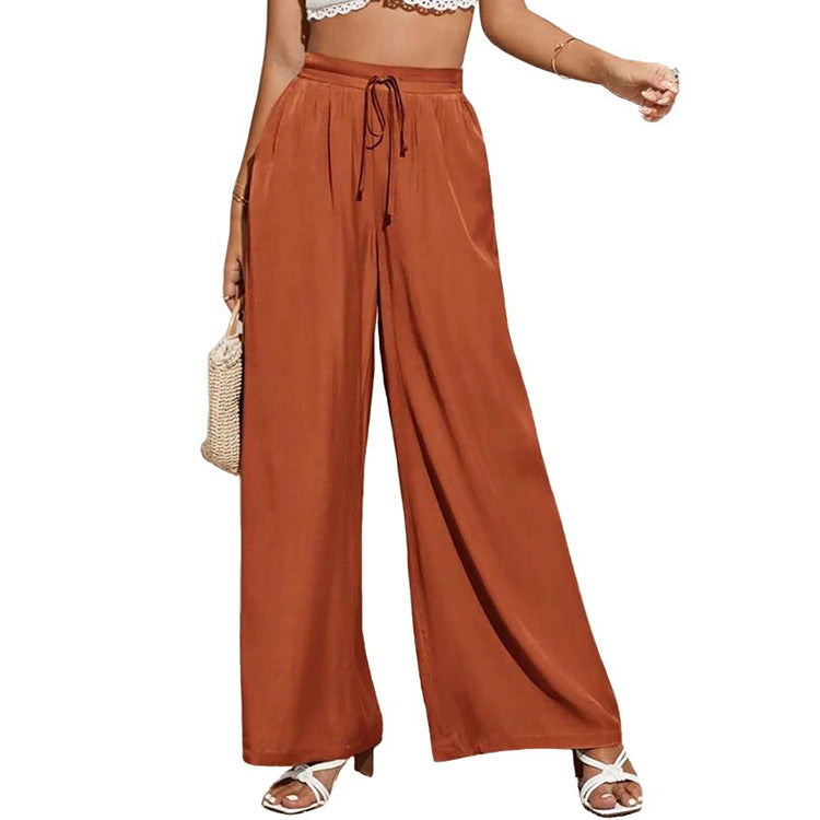 Summer Women High Waist Casual Trousers Solid Color Elastic Waist Lace-up Loose Wide-Leg Pants Women